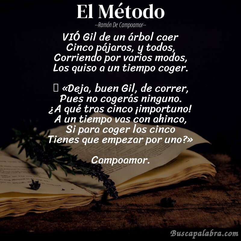 Poema El Método de Ramón de Campoamor con fondo de libro