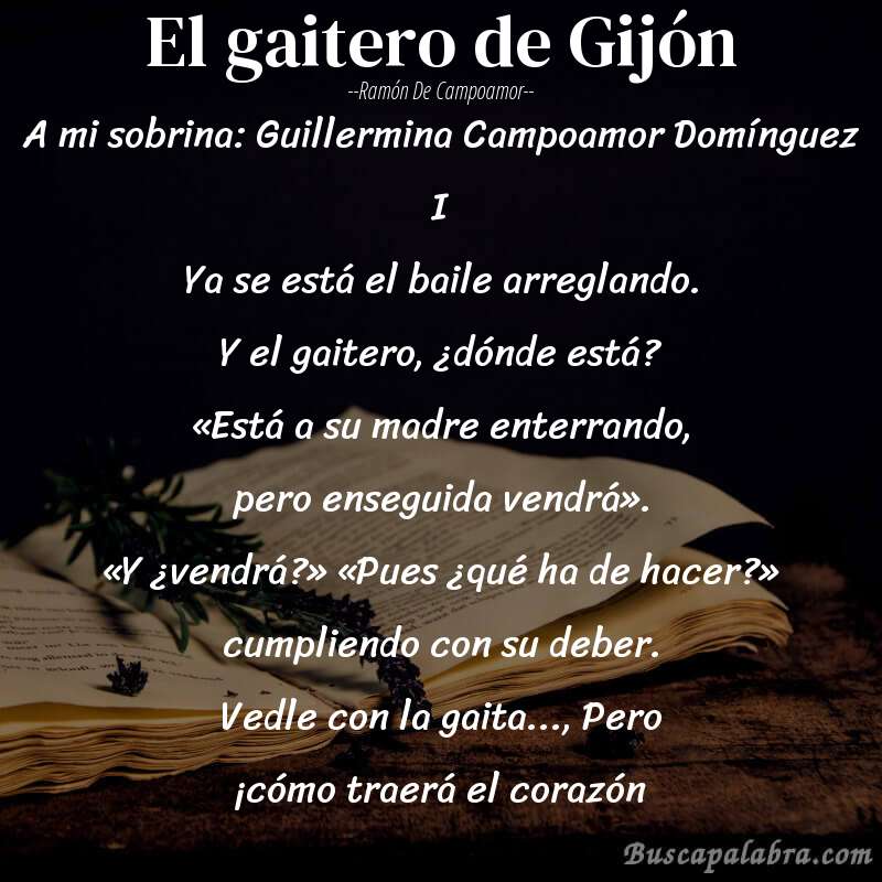 Poema El gaitero de Gijón de Ramón de Campoamor con fondo de libro