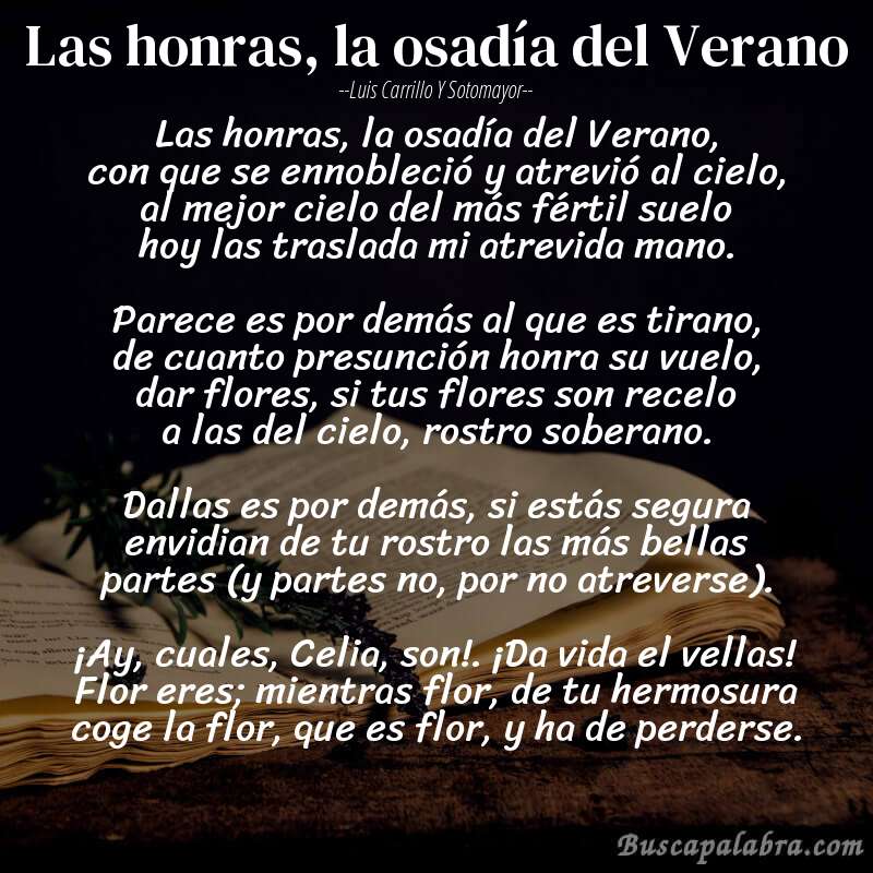 Poema Las honras, la osadía del Verano de Luis Carrillo y Sotomayor con fondo de libro