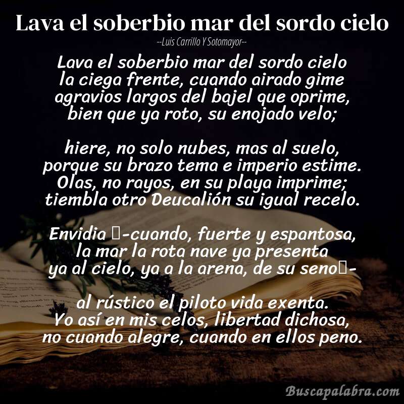Poema Lava el soberbio mar del sordo cielo de Luis Carrillo y Sotomayor con fondo de libro