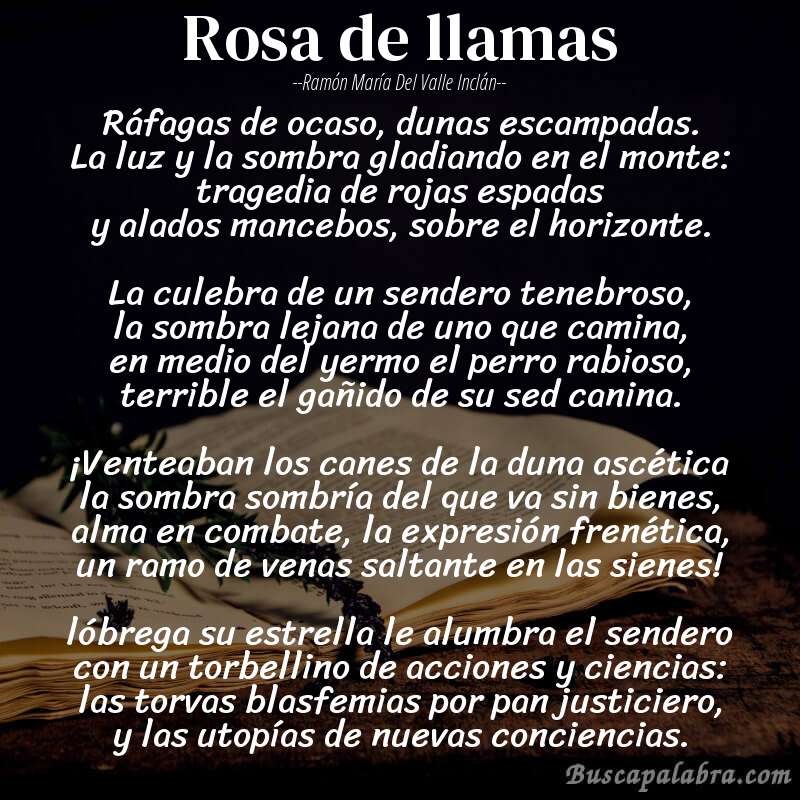 Poema rosa de llamas de Ramón María del Valle Inclán con fondo de libro