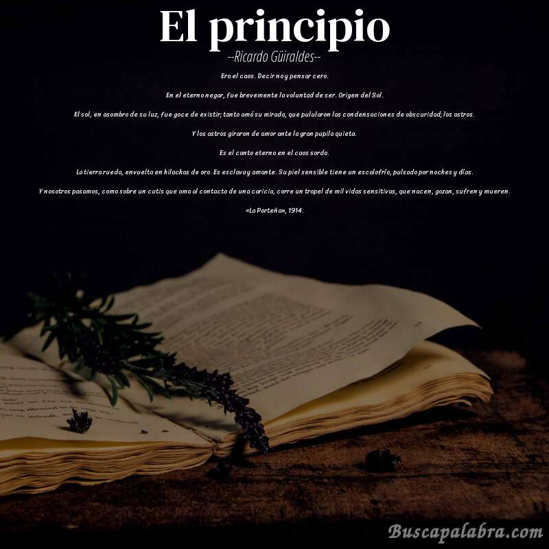 Poema El principio de Ricardo Güiraldes con fondo de libro
