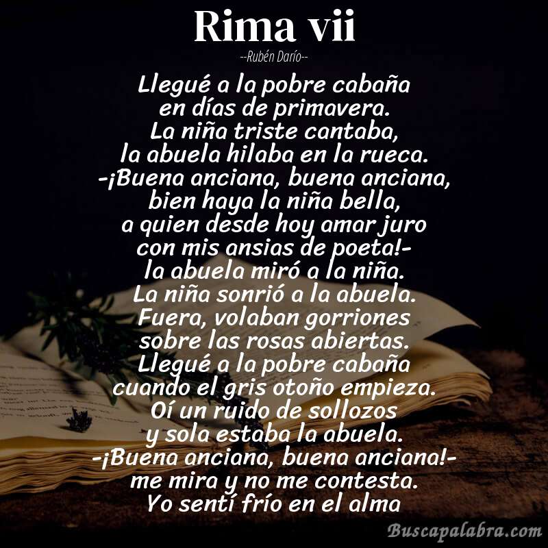 Poema rima vii de Rubén Darío con fondo de libro