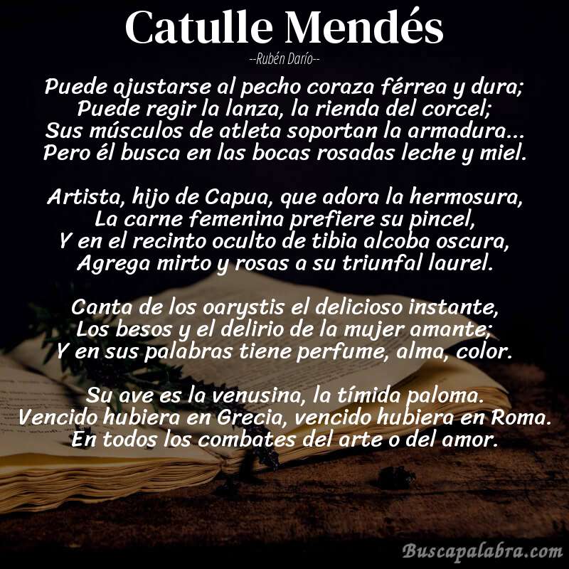 Poema Catulle Mendés de Rubén Darío con fondo de libro