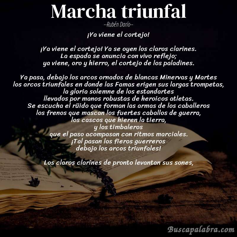 Poema Marcha triunfal de Rubén Darío con fondo de libro