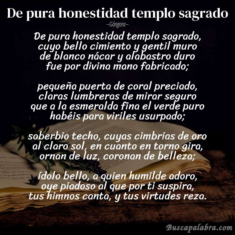 Poema De pura honestidad templo sagrado de Góngora con fondo de libro