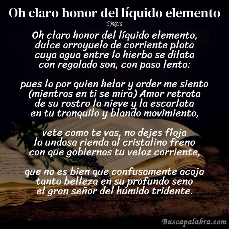 Poema Oh claro honor del líquido elemento de Góngora con fondo de libro