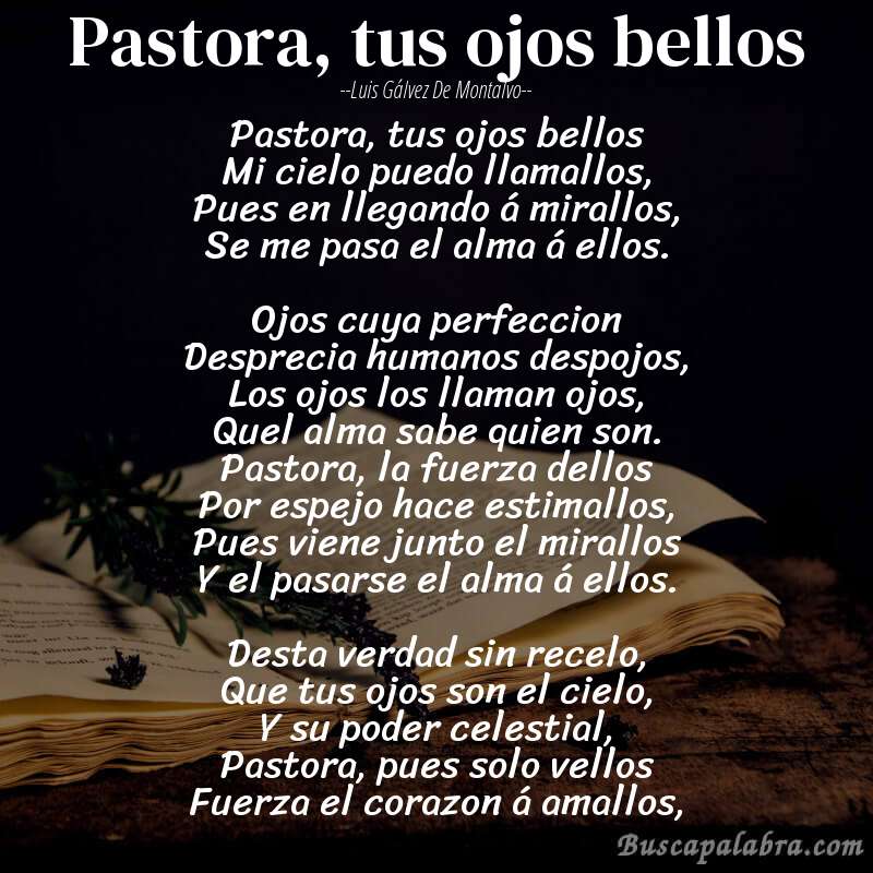 Poema Pastora, tus ojos bellos de Luis Gálvez de Montalvo con fondo de libro