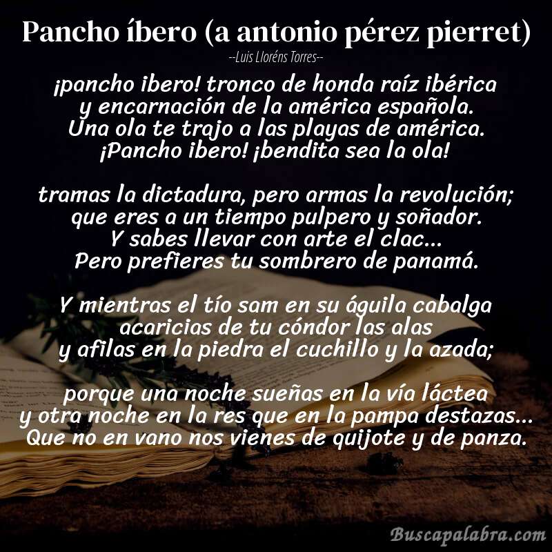 Poema pancho íbero (a antonio pérez pierret) de Luis Lloréns Torres con fondo de libro