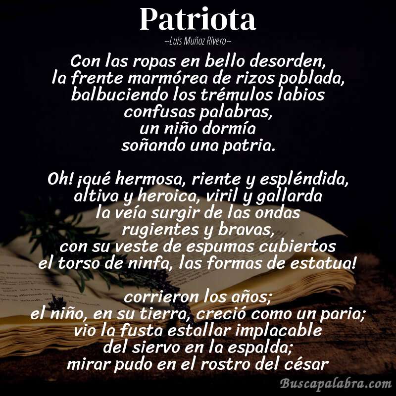 Poema patriota de Luis Muñoz Rivera con fondo de libro