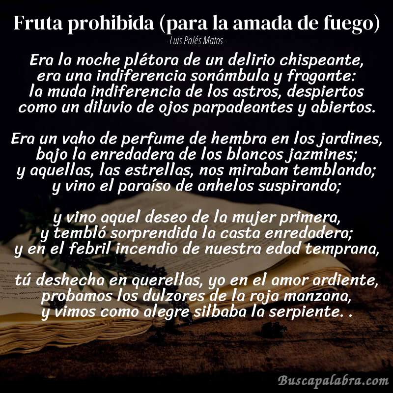 Poema fruta prohibida (para la amada de fuego) de Luis Palés Matos con fondo de libro