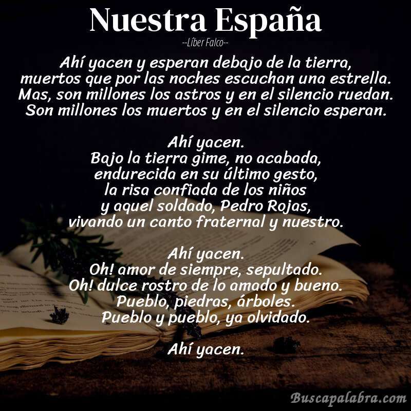 Poema Nuestra España de Líber Falco con fondo de libro