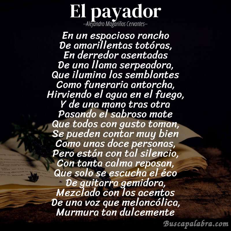 Poema El payador de Alejandro Magariños Cervantes con fondo de libro