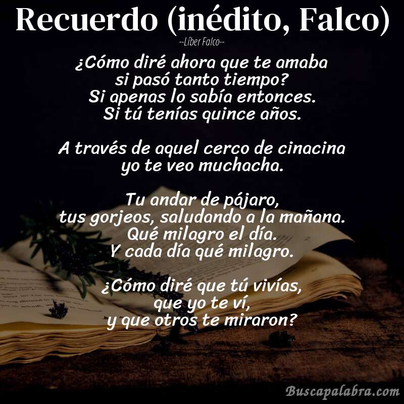 Poema Recuerdo (inédito, Falco) de Líber Falco con fondo de libro