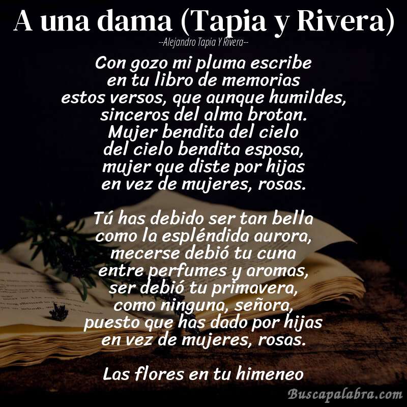 Poema A una dama (Tapia y Rivera) de Alejandro Tapia y Rivera con fondo de libro