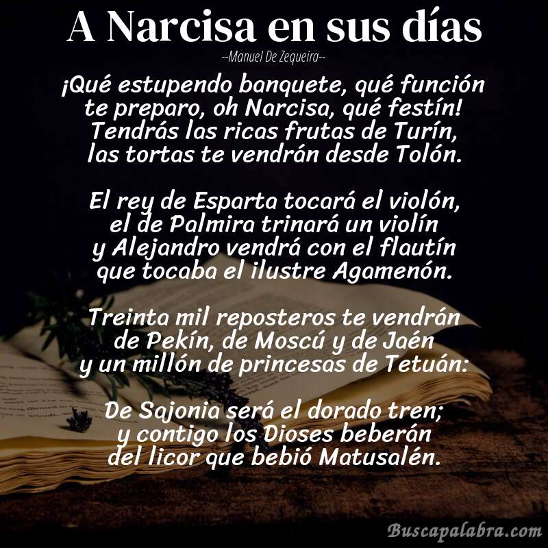 Poema A Narcisa en sus días de Manuel de Zequeira con fondo de libro