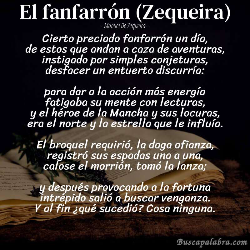 Poema El fanfarrón (Zequeira) de Manuel de Zequeira con fondo de libro