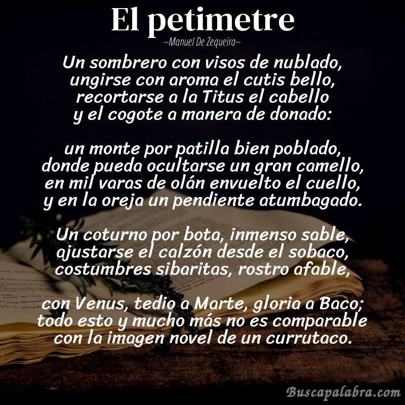 Poema El petimetre de Manuel de Zequeira con fondo de libro