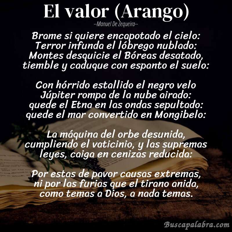 Poema El valor (Arango) de Manuel de Zequeira con fondo de libro