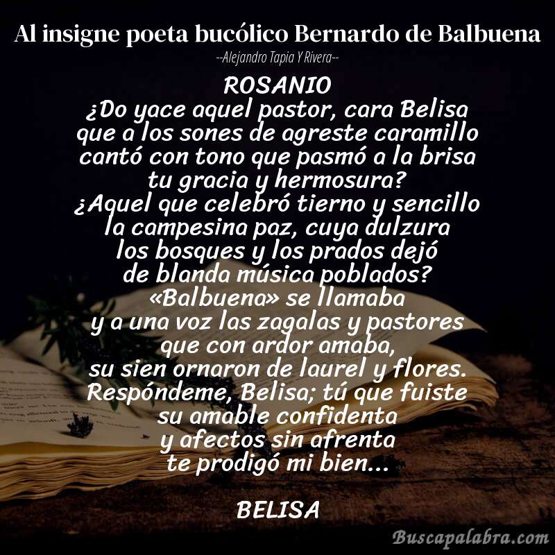 Poema Al insigne poeta bucólico Bernardo de Balbuena de Alejandro Tapia y Rivera con fondo de libro