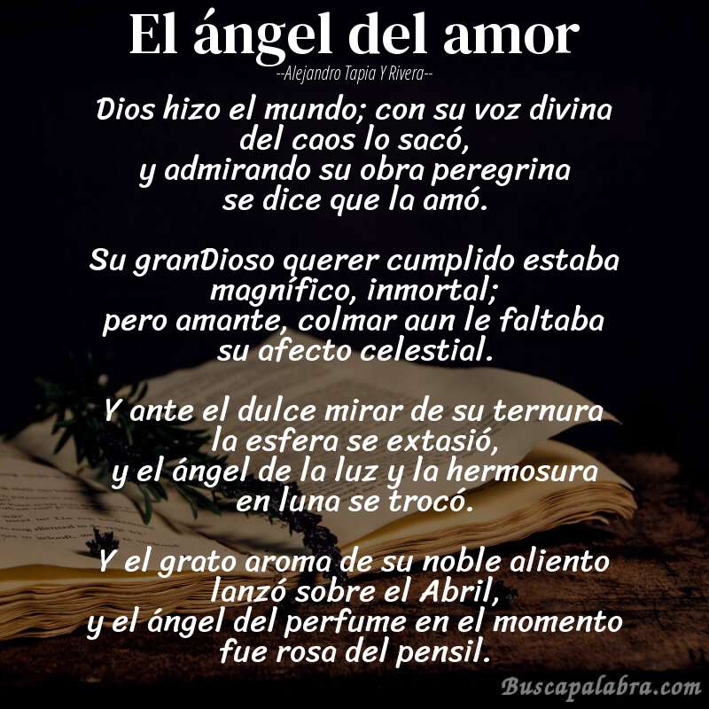 Poema El ángel del amor de Alejandro Tapia y Rivera con fondo de libro