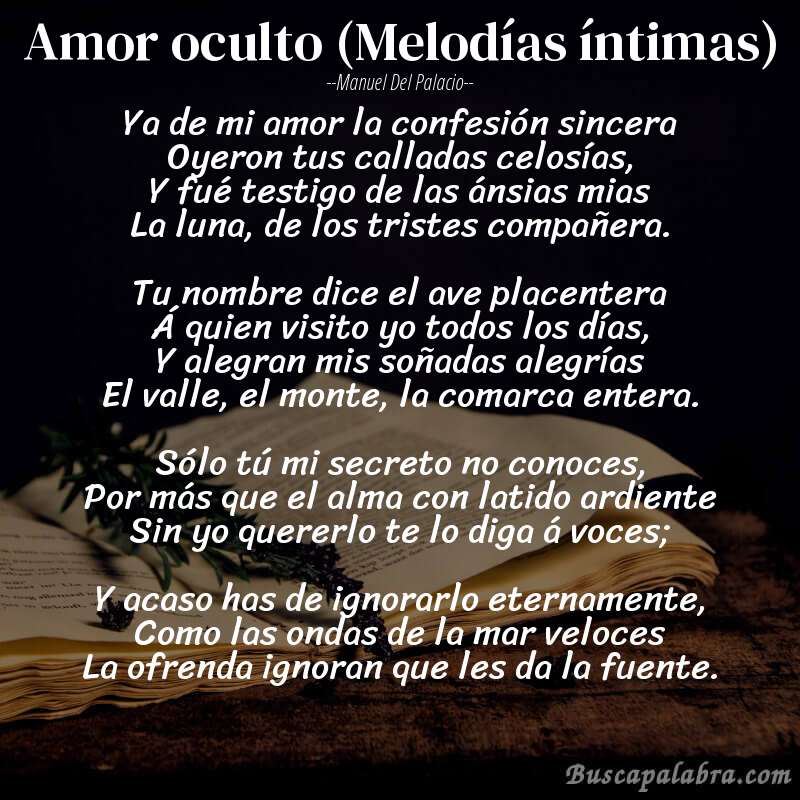 Poema Amor oculto (Melodías íntimas) de Manuel del Palacio con fondo de libro