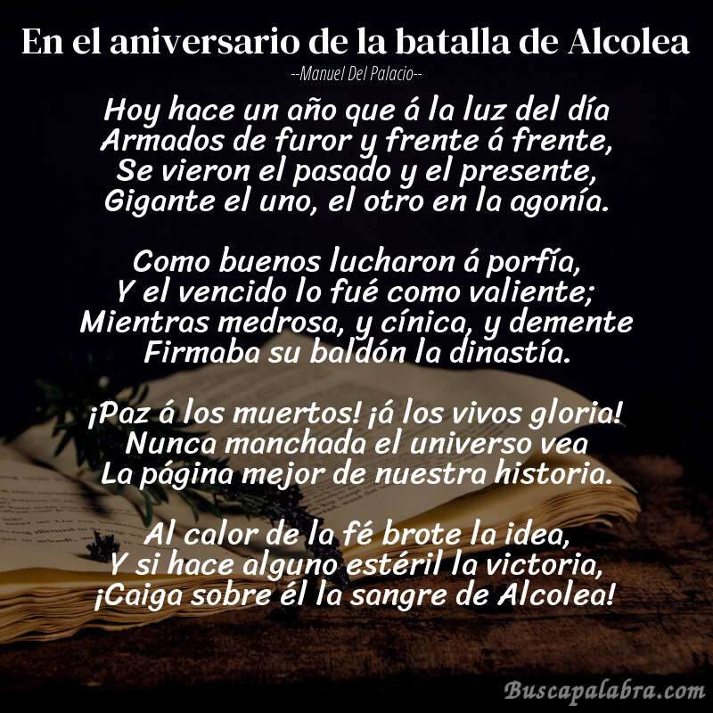 Poema En el aniversario de la batalla de Alcolea de Manuel del Palacio con fondo de libro