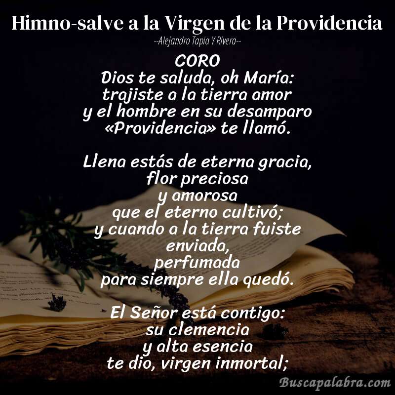 Poema Himno-salve a la Virgen de la Providencia de Alejandro Tapia y Rivera con fondo de libro