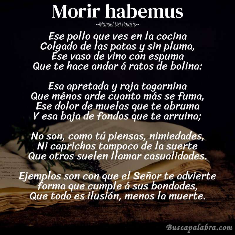 Poema Morir habemus de Manuel del Palacio con fondo de libro