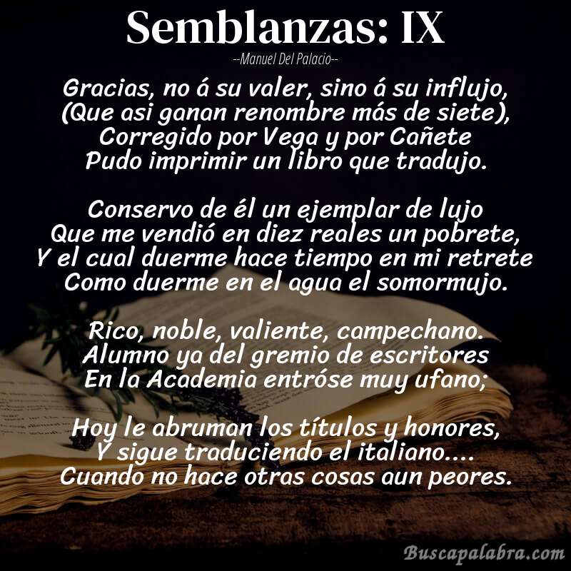 Poema Semblanzas: IX de Manuel del Palacio con fondo de libro