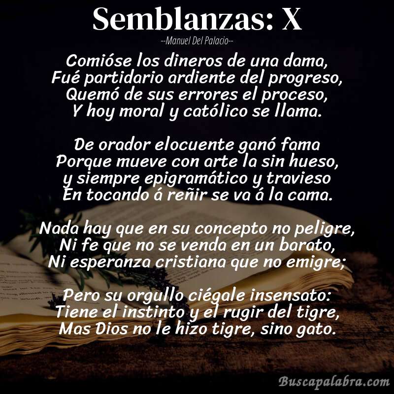 Poema Semblanzas: X de Manuel del Palacio con fondo de libro