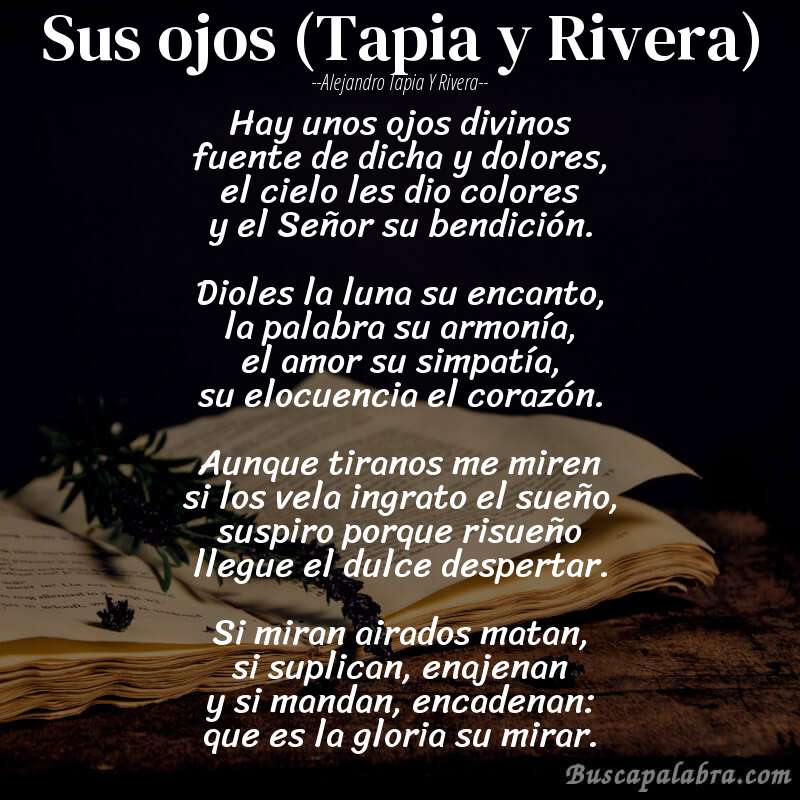 Poema Sus ojos (Tapia y Rivera) de Alejandro Tapia y Rivera con fondo de libro