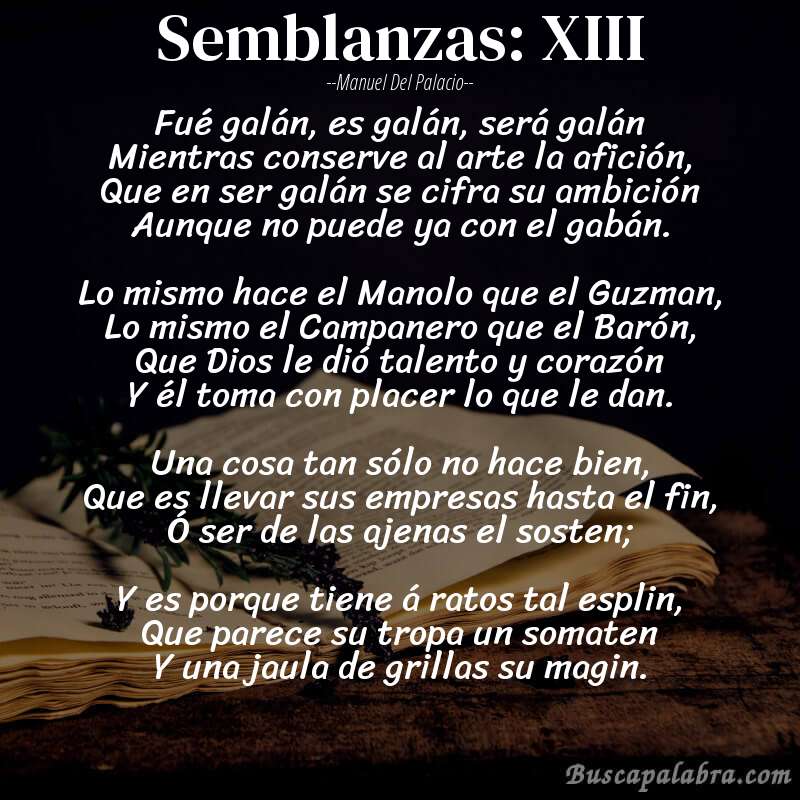 Poema Semblanzas: XIII de Manuel del Palacio con fondo de libro