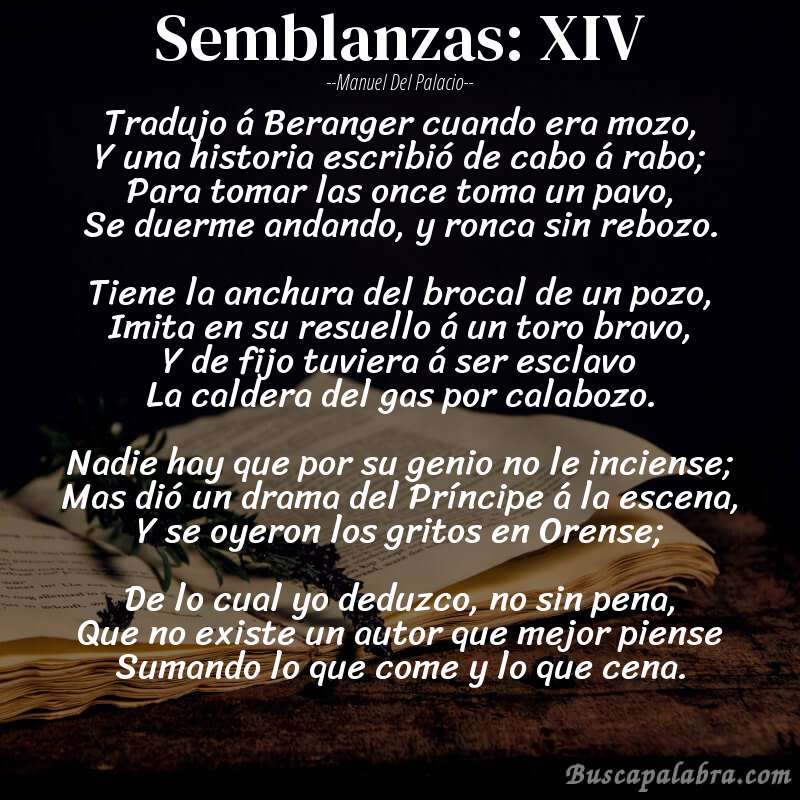 Poema Semblanzas: XIV de Manuel del Palacio con fondo de libro
