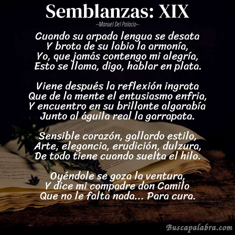 Poema Semblanzas: XIX de Manuel del Palacio con fondo de libro
