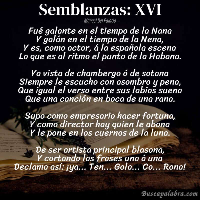 Poema Semblanzas: XVI de Manuel del Palacio con fondo de libro
