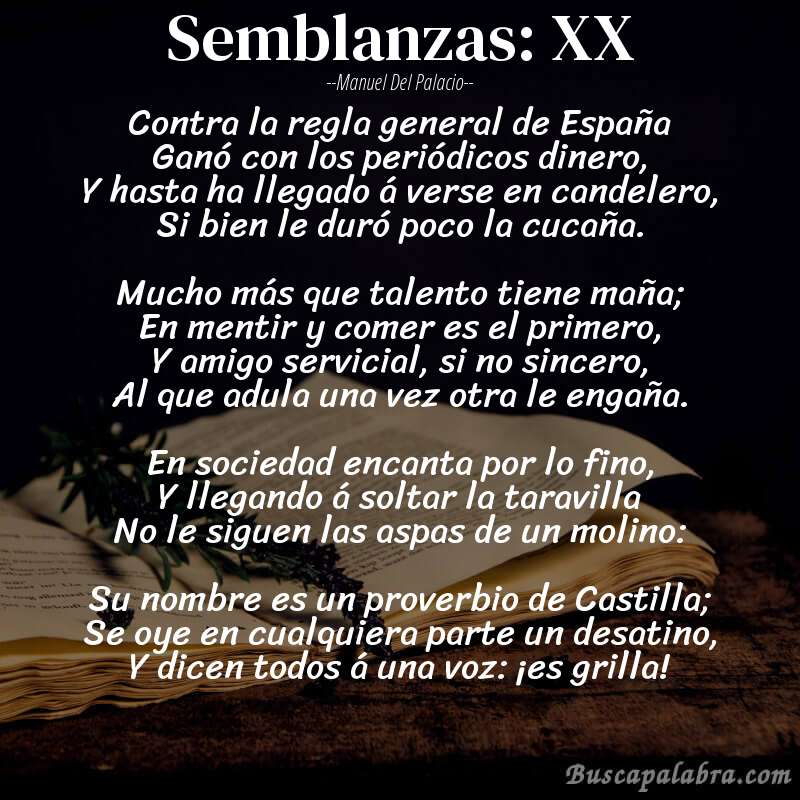 Poema Semblanzas: XX de Manuel del Palacio con fondo de libro