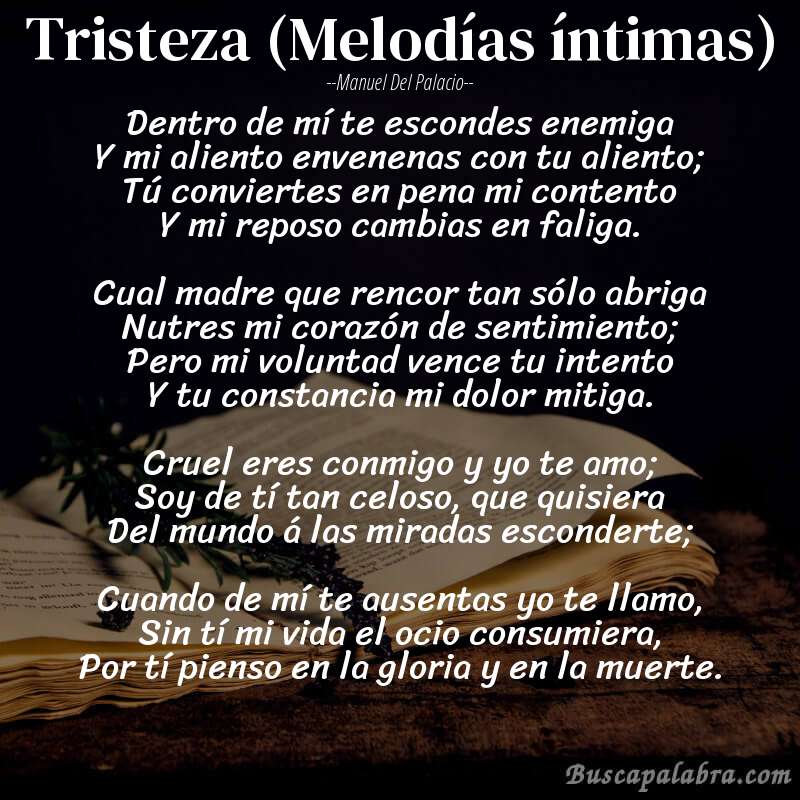 Poema Tristeza (Melodías íntimas) de Manuel del Palacio con fondo de libro