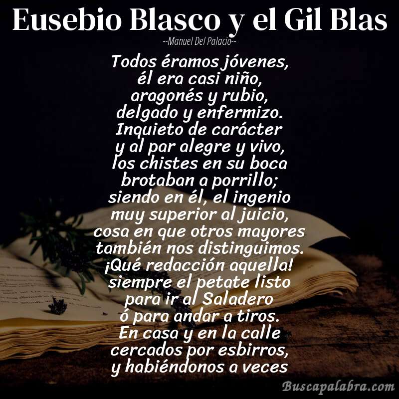Poema Eusebio Blasco y el Gil Blas de Manuel del Palacio con fondo de libro