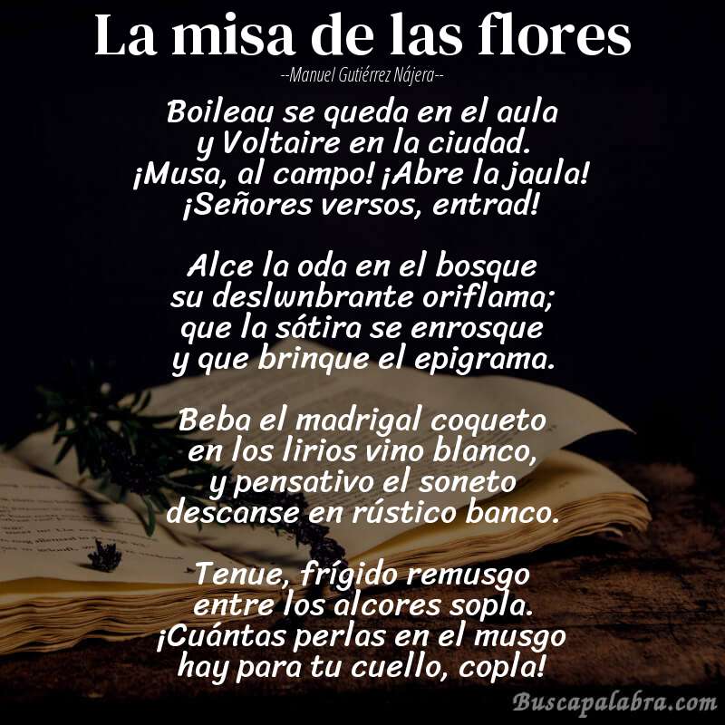 Poema La misa de las flores de Manuel Gutiérrez Nájera con fondo de libro