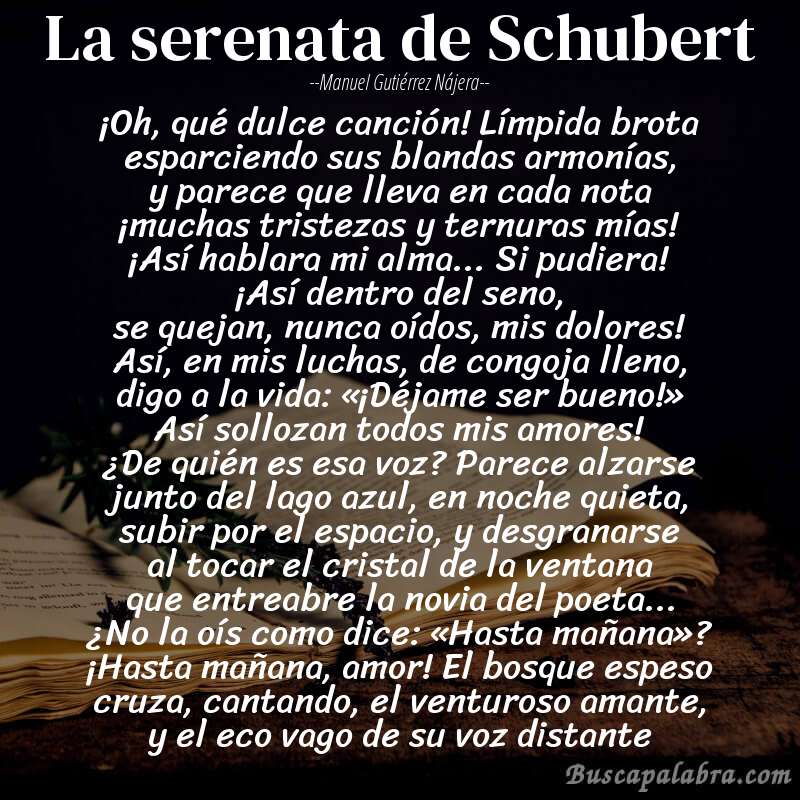 Poema La serenata de Schubert de Manuel Gutiérrez Nájera con fondo de libro
