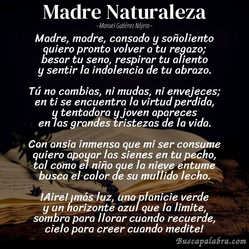 Poema Madre Naturaleza de Manuel Gutiérrez Nájera con fondo de libro