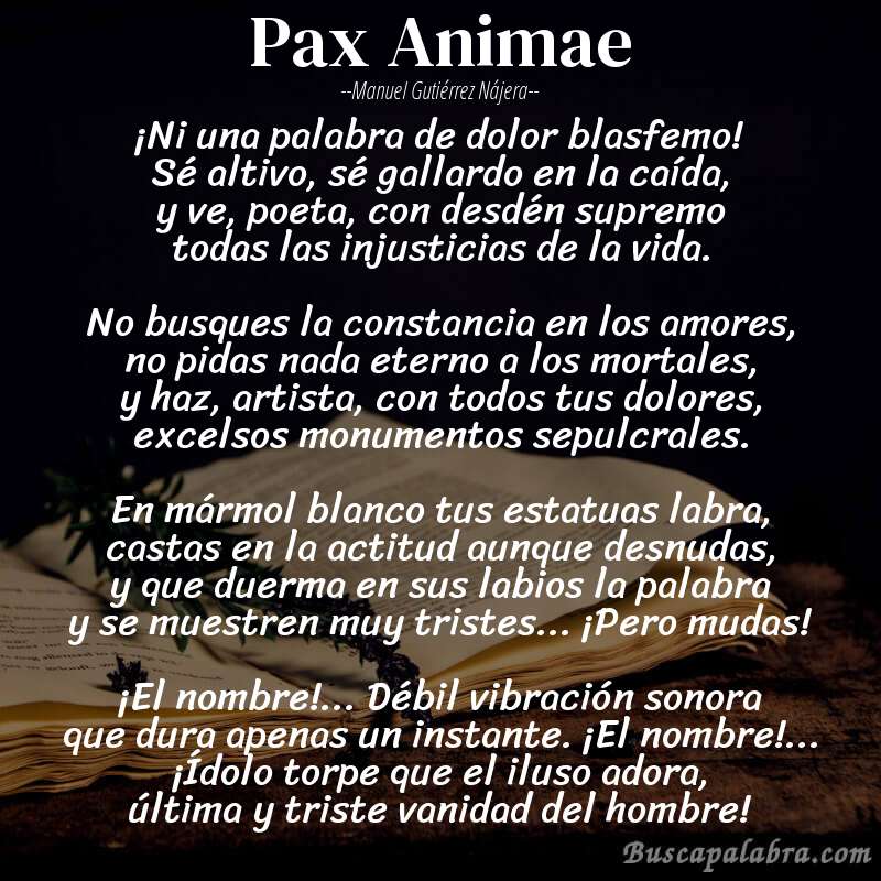 Poema Pax Animae de Manuel Gutiérrez Nájera con fondo de libro