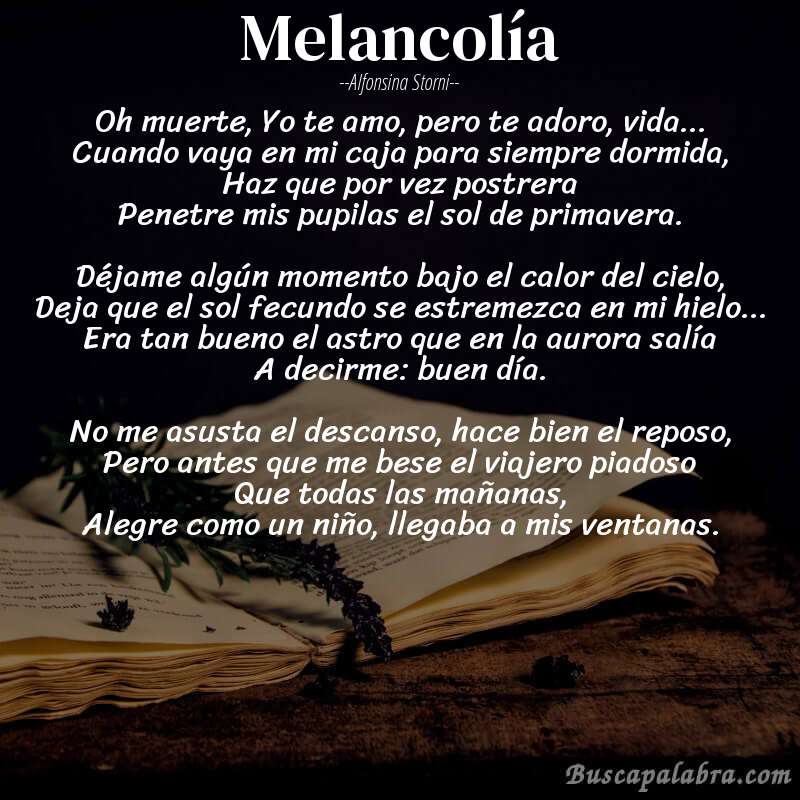 Poema Melancolía de Alfonsina Storni con fondo de libro