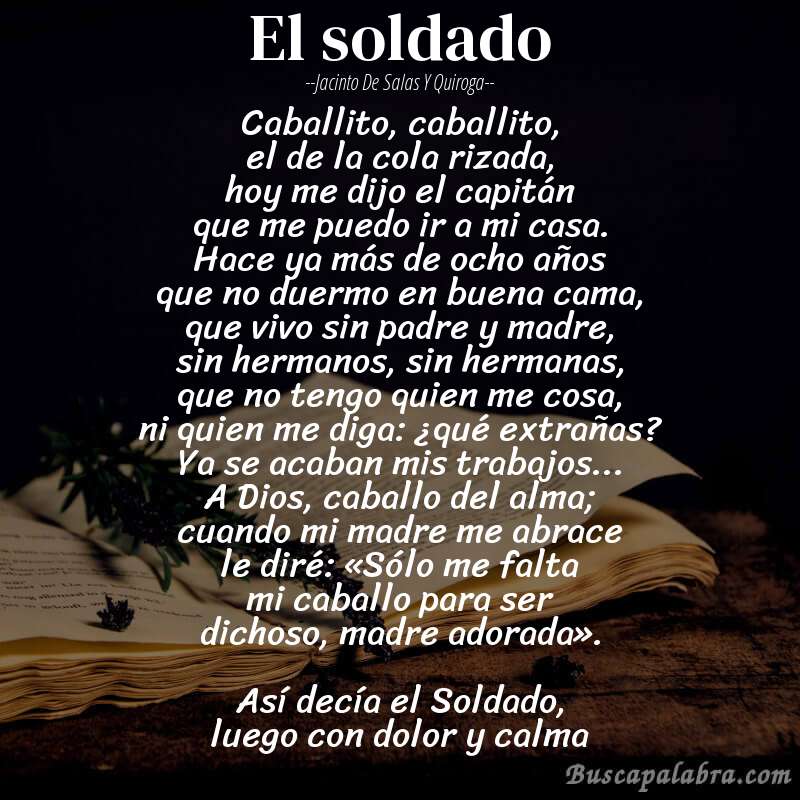 Poema El soldado de Jacinto de Salas y Quiroga con fondo de libro