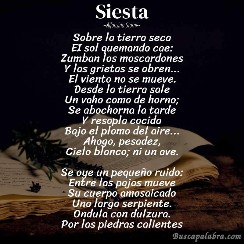 Poema Siesta de Alfonsina Storni con fondo de libro