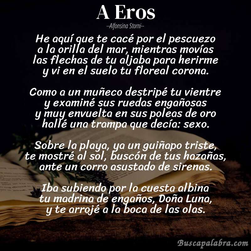 Poema A Eros de Alfonsina Storni con fondo de libro