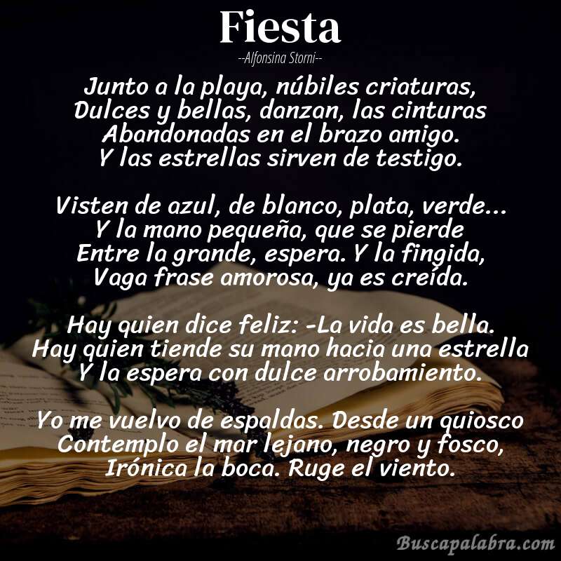 Poema Fiesta de Alfonsina Storni con fondo de libro