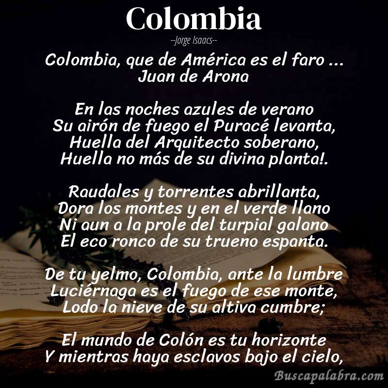 Poema Colombia de Jorge Isaacs con fondo de libro