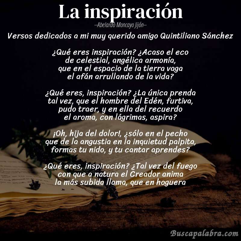 Poema La inspiración de Abelardo Moncayo Jijón con fondo de libro